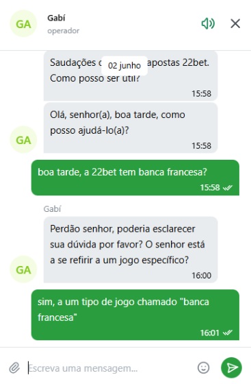 Respostas no Chat ao vivo do apoio ao cliente da 22bet
