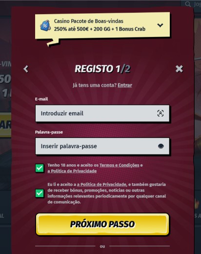 Formulário de registo da Allyspin Portugal