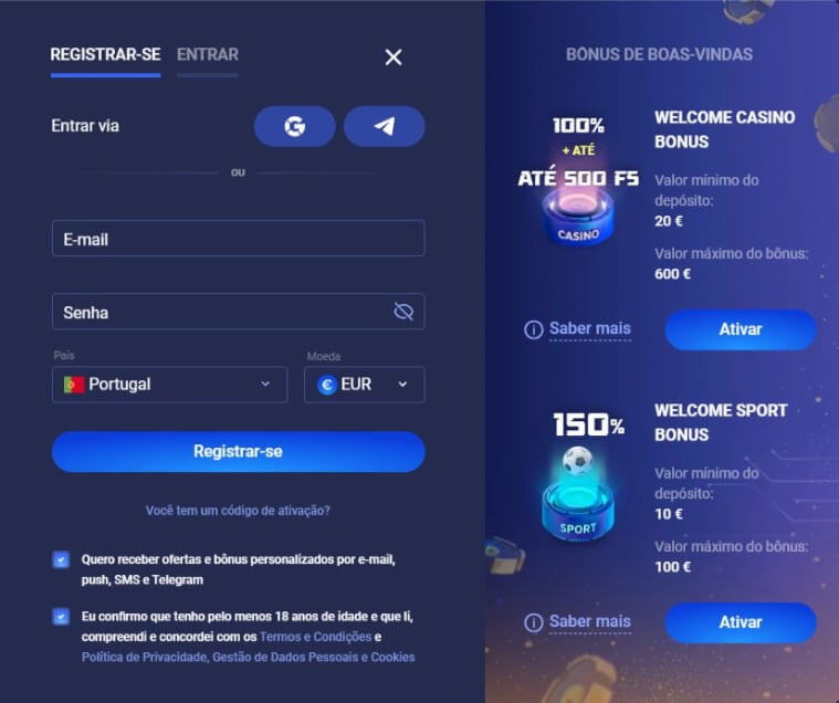 Formulário de registo da Legzo Casino